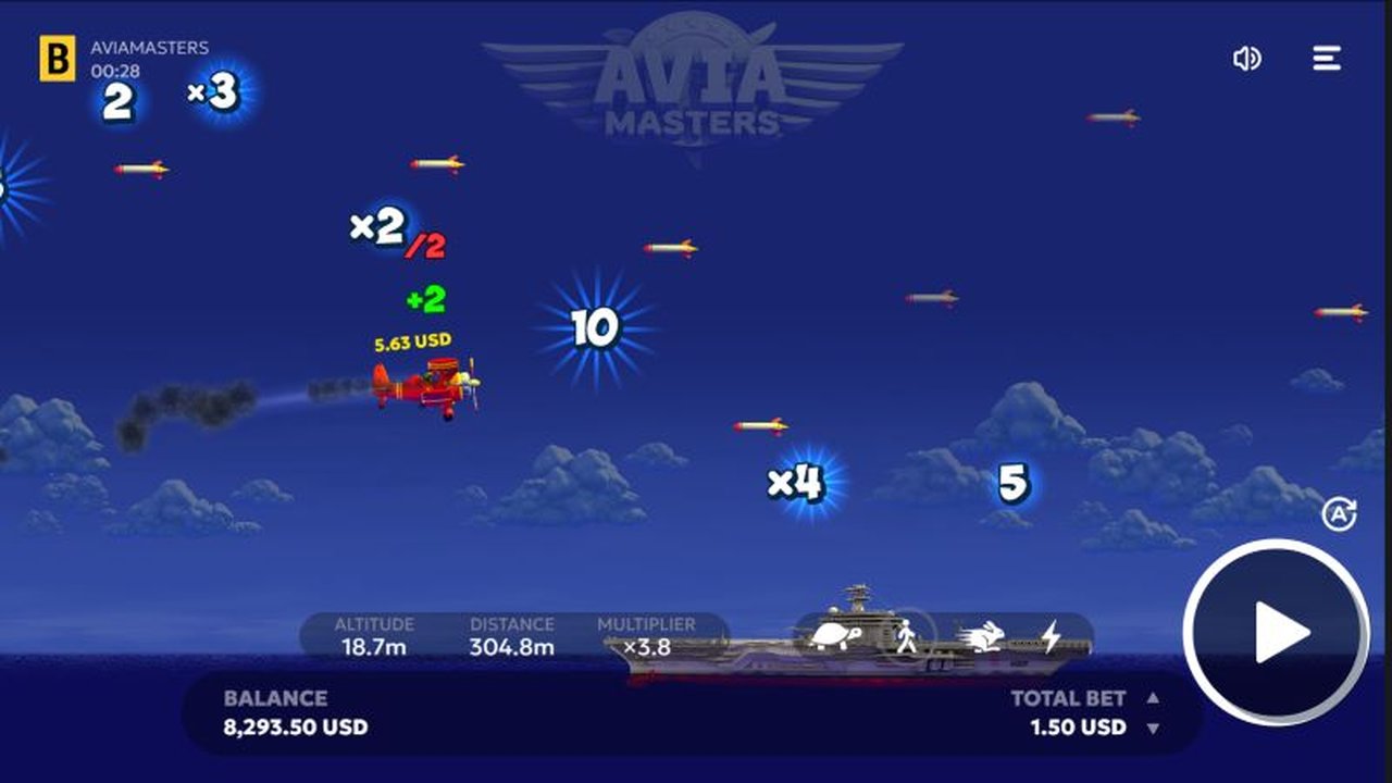 Скриншот Aviamasters — самолёт летит над океаном, собирая множители