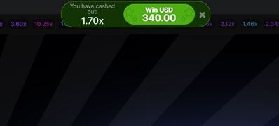Уведомление об успешном кэшауте на 1.70x с выигрышем 340 USD