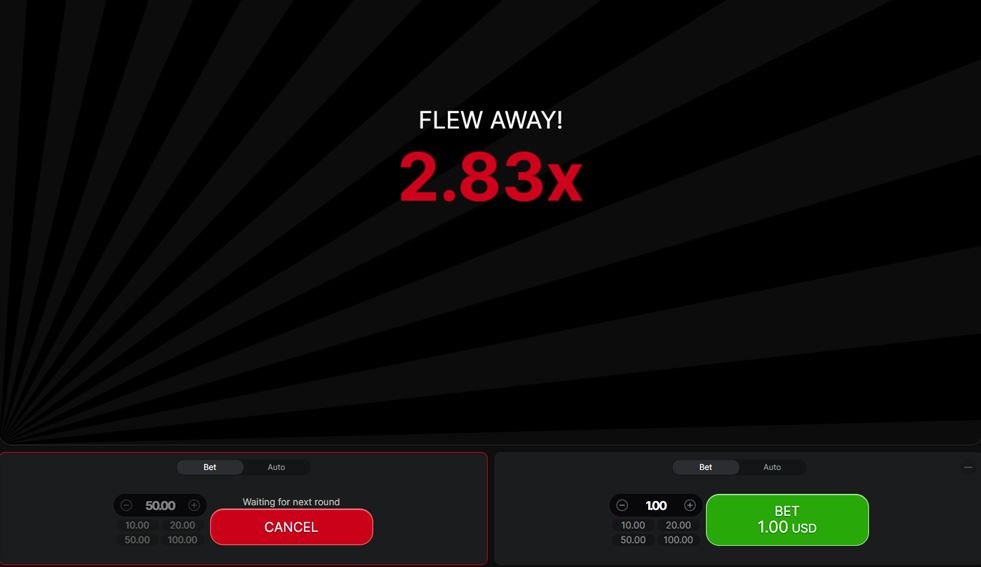 Экран «Flew away! 2.83x» после краша — раунд завершён, открыто окно для новой ставки